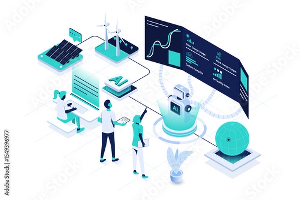 Fototapeta Modern isometric vector illustration featuring an AI assistant managing a sustainability control center. Ideal for topics related to eco technology, green energy, environmental monitoring, etc.