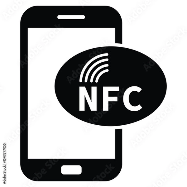 Fototapeta Minimalist black and white graphic of a smartphone with "NFC" on screen and wireless signal waves, symbolizing Near Field Communication technology in a clean, modern style.