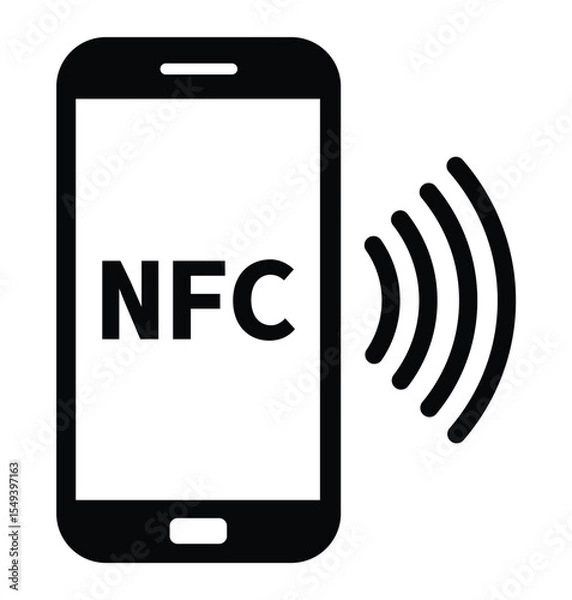 Fototapeta Minimalist black and white graphic of a smartphone with "NFC" on screen and wireless signal waves, symbolizing Near Field Communication technology in a clean, modern style.