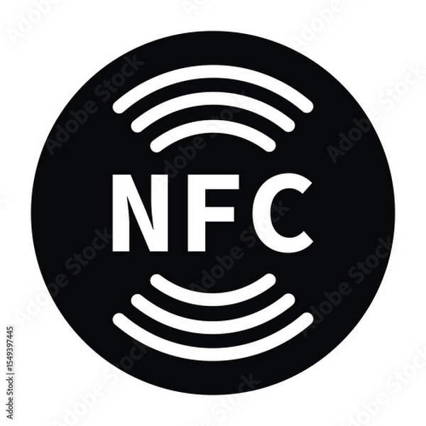 Fototapeta Minimalist black and white circular NFC icon with radio wave symbol. Clean, geometric design on white background. Flat, modern, and technical style ideal for tech and UI concepts.