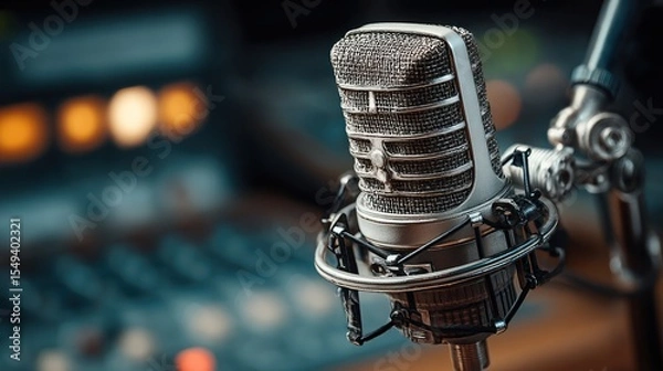 Fototapeta Vintage microphone captures the essence of broadcast sound and storytelling