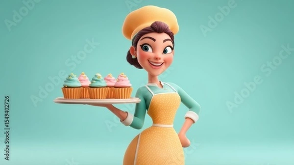 Obraz Cartoon-style 3D cook character wearing apron and toque, professional kitchen worker.