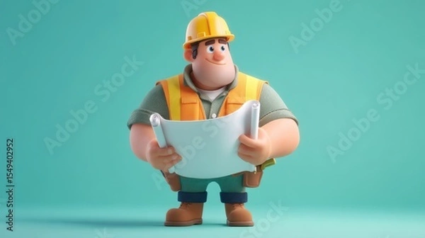 Obraz Cartoon-style 3D builder character with hard hat and tools, professional labor worker.