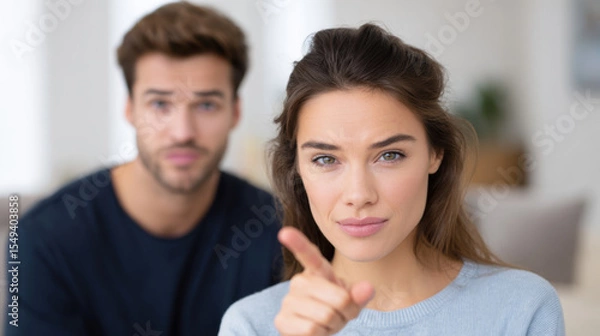 Fototapeta Angry woman pointing finger, blaming man in background. This couple has relationship problem, showing conflict and domestic disagreement in close up view