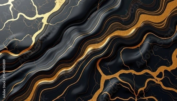Fototapeta Background, liquid marble, gold and black. AI generative.