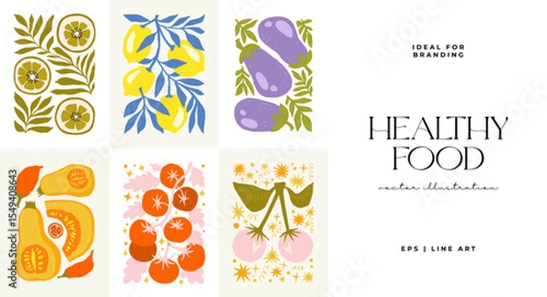 Fototapeta Abstract fruits and vegetables elements. Modern trendy minimalist. Healthy Food. Hand drawn design for wallpaper, wall decor, print, postcard, cover, template, banner.