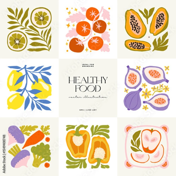 Fototapeta Abstract fruits and vegetables elements. Modern trendy minimalist. Healthy Food. Hand drawn design for wallpaper, wall decor, print, postcard, cover, template, banner.