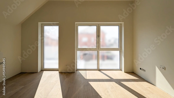 Obraz Empty room after renovation in a private house. The room has large windows to the floor, through which a lot of light passes.