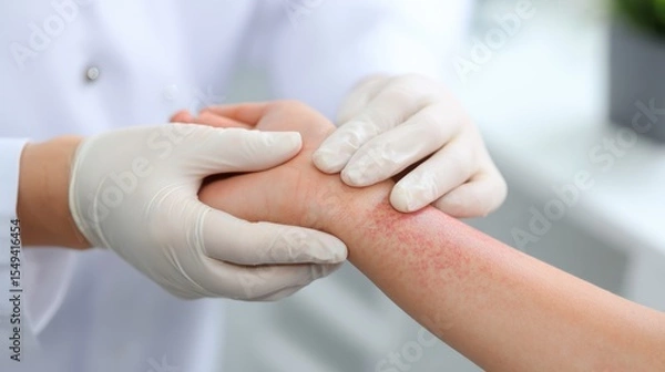 Obraz Test for Atopic dermatitis. Medical professional examining a patient's arm with skin condition in a clinical setting.