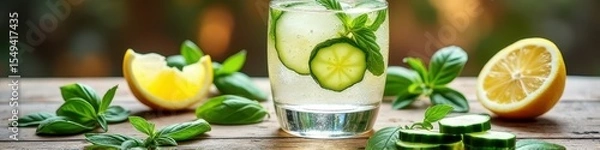 Fototapeta Refreshing cucumber and lemon water with fresh basil on wooden table