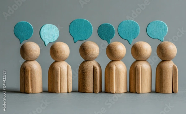 Fototapeta Wooden figurines with teal speech bubbles, representing communication and discussion