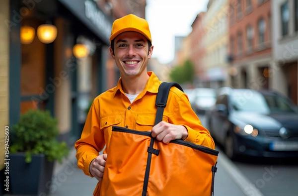 Obraz A smiling courier in an orange uniform delivers food. Smiling courier in uniform. Food delivery service. Delivery man with package. Urban courier service.