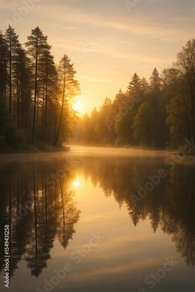 Fototapeta Misty sunrise over calm forest lake with golden reflections of tall pines, tranquil wilderness dawn scene, generative AI