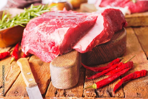 Obraz Raw meat on cutting board, with herbs, spices on cooking table top view copy space