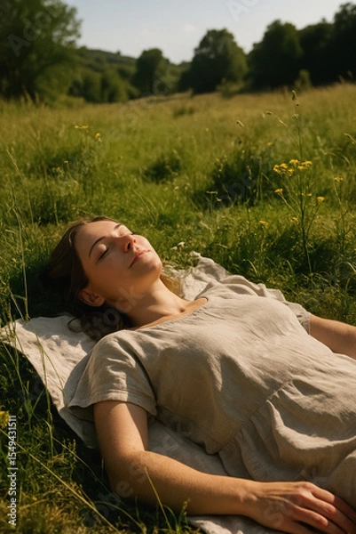 Fototapeta Woman resting in meadow with closed eyes, lying on blanket under sun, peaceful day. generative AI