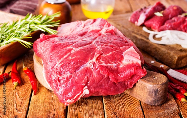 Obraz Raw meat on cutting board, with herbs, spices on cooking table top view copy space