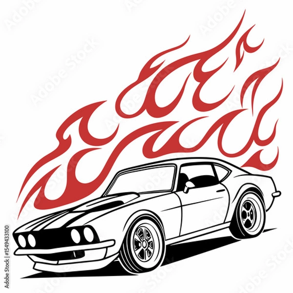 Obraz Classic Muscle Car with Flames Illustration Vector Artwork for Graphic Design