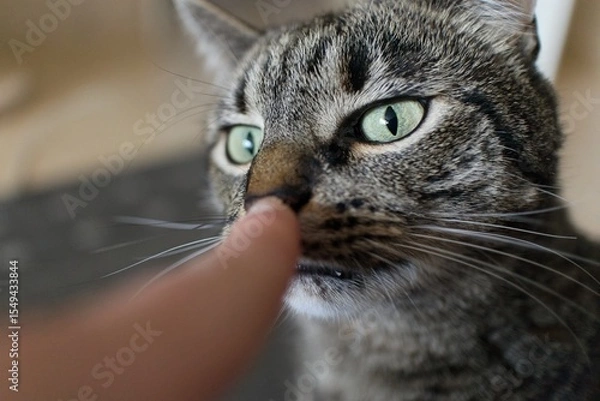 Fototapeta boop the nose of a cat - cat squints at the finger