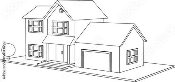 Fototapeta 3D suburban house model. Drawing of the modern building. Cottage project on white background. Vector illustration.
