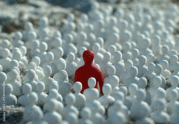 Fototapeta A single red figure amidst a crowd of white figures (1)