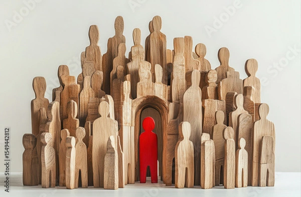 Fototapeta A single red figure amidst a crowd of wooden figures