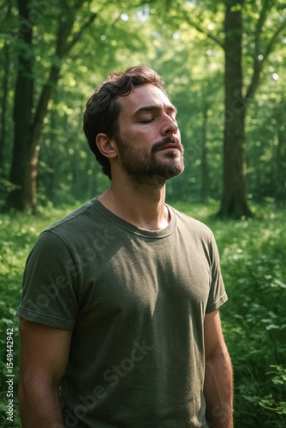 Fototapeta Young man with eyes closed meditating in forest during soft morning light. generative AI