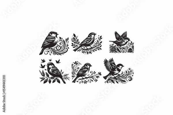 Fototapeta House Sparrow bird vector silhouettes black and white image made by adobe illustrator .eps