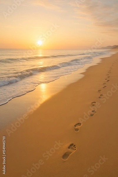 Fototapeta Footprints in sand leading along calm beach at sunrise, peaceful and reflective moment. generative AI
