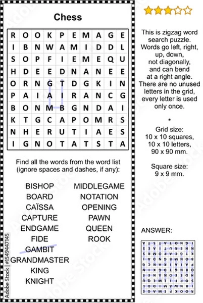 Fototapeta Chess game themed zigzag word search puzzle (suitable both for kids and adults). Answer included.
