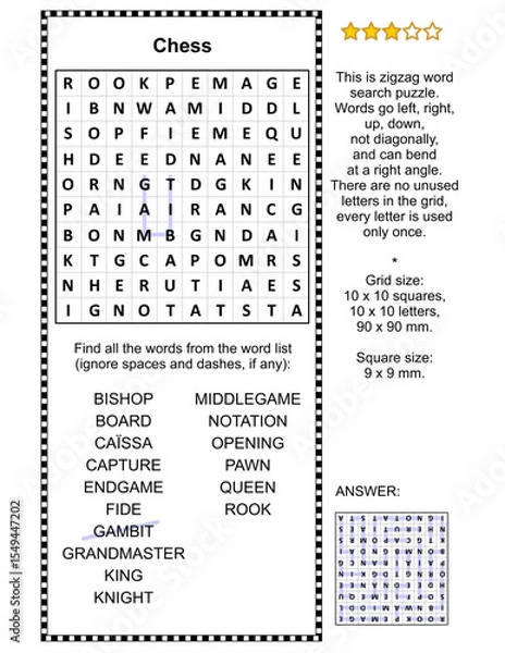 Fototapeta Chess game themed zigzag word search puzzle (suitable both for kids and adults). Answer included.
