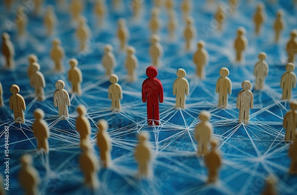 Fototapeta A single red person amongst many connected by a network