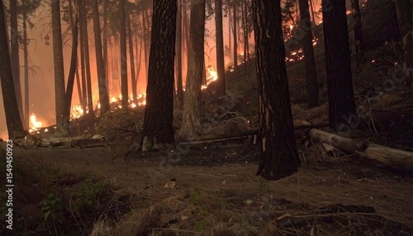 Obraz Nighttime Forest Scene Illuminated by Wildfire Glow