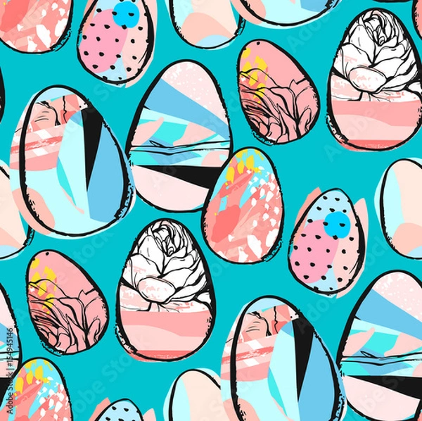 Fototapeta Hand drawn vector abstract creative universal Happy Easter seamless pattern design element with Easter eggs in pastel colors isolated on blue background.Spring unusual graphic decoration.