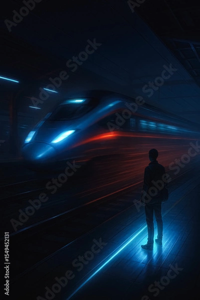 Fototapeta Silhouette traveler watches sleek high-speed train blur past illuminated platform in futuristic night station, evoking motion and progress, generative AI
