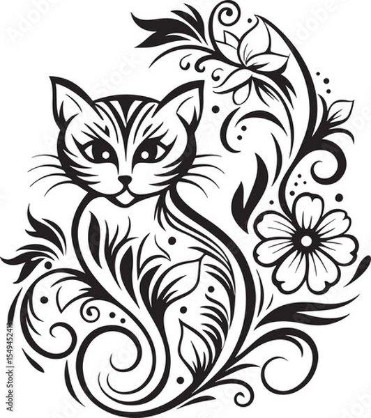 Obraz A cat is sitting in the flower garden, vector graphic design