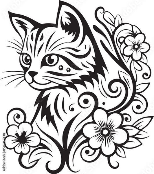 Obraz A cat is sitting in the flower garden, vector graphic design