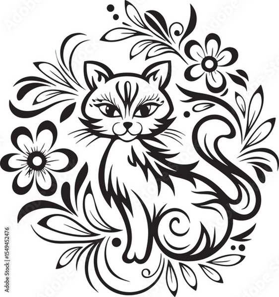 Obraz A cat is sitting in the flower garden, vector graphic design