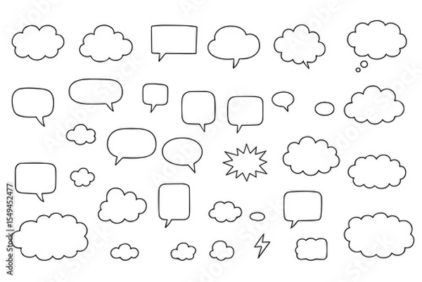 Fototapeta Speech bubbles. Empty comic dialog boxes. Hand drawn text places. Funny doodle style. Various outline shapes. Communication windows. Dialogue stickers. Thinking clouds. Vector illustration