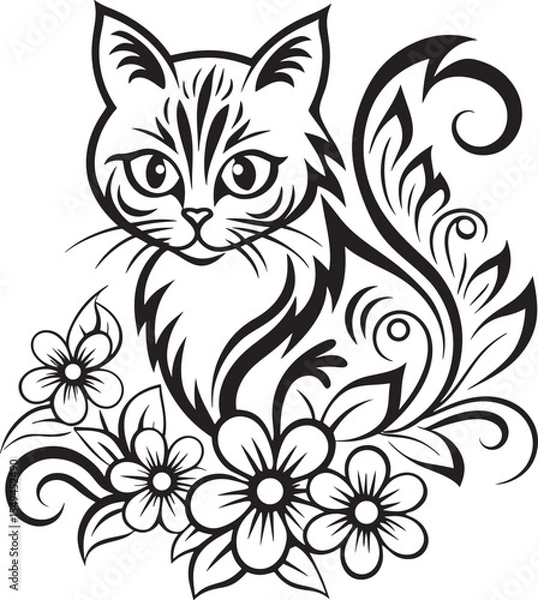 Obraz A cat is sitting in the flower garden, vector graphic design