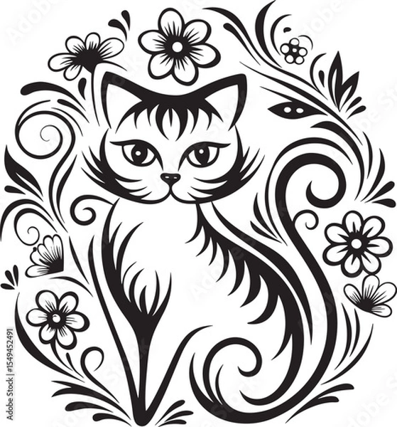 Obraz A cat is sitting in the flower garden, vector graphic design