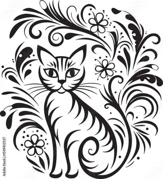 Obraz A cat is sitting in the flower garden, vector graphic design