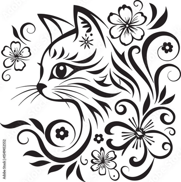 Obraz A cat is sitting in the flower garden, vector graphic design