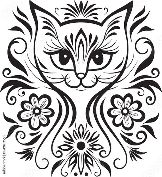 Obraz A cat is sitting in the flower garden, vector graphic design