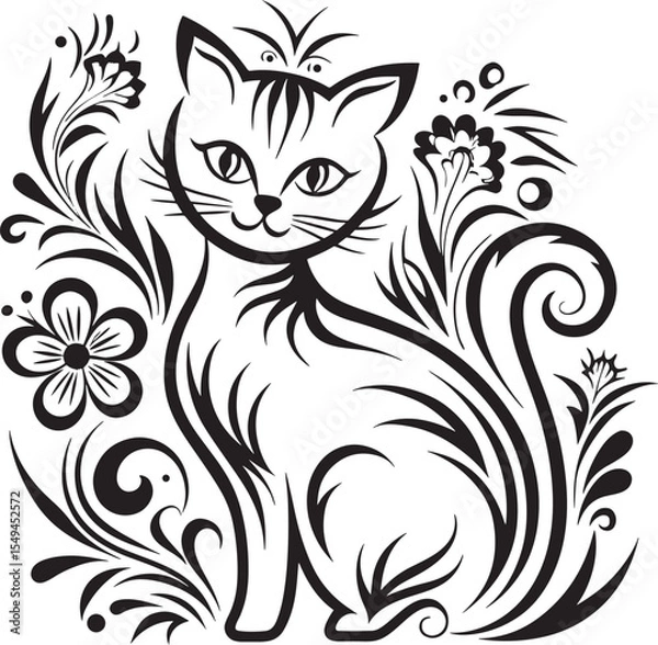 Obraz A cat is sitting in the flower garden, vector graphic design