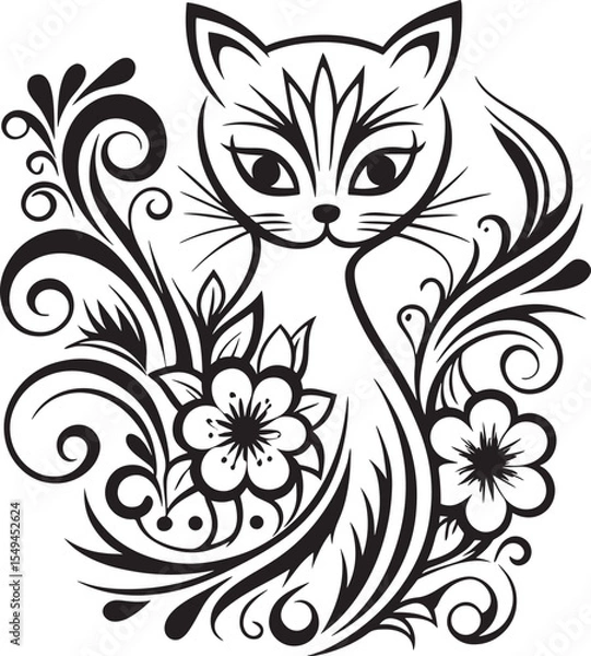 Obraz A cat is sitting in the flower garden, vector graphic design