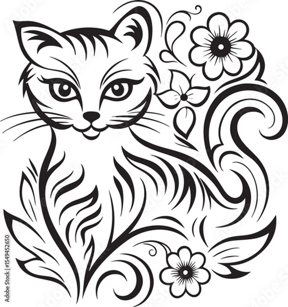 Obraz A cat is sitting in the flower garden, vector graphic design