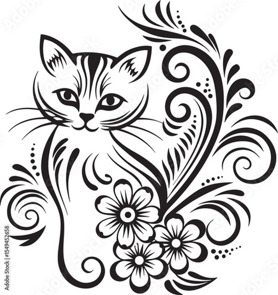 Obraz A cat is sitting in the flower garden, vector graphic design