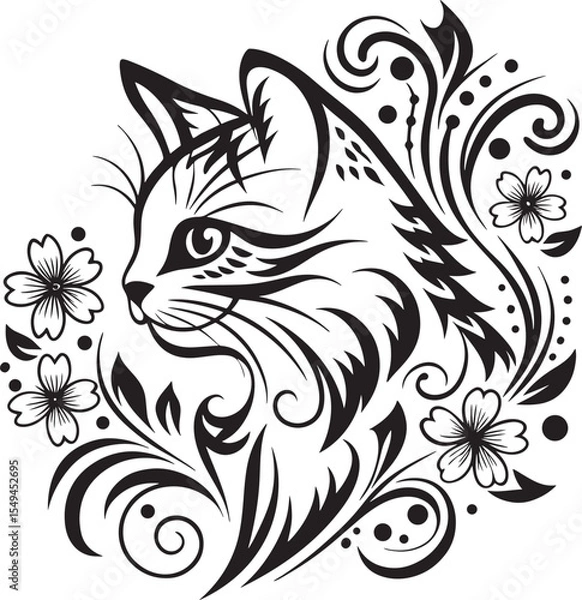 Obraz A cat is sitting in the flower garden, vector graphic design
