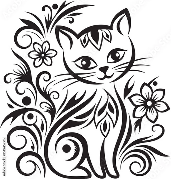 Obraz A cat is sitting in the flower garden, vector graphic design