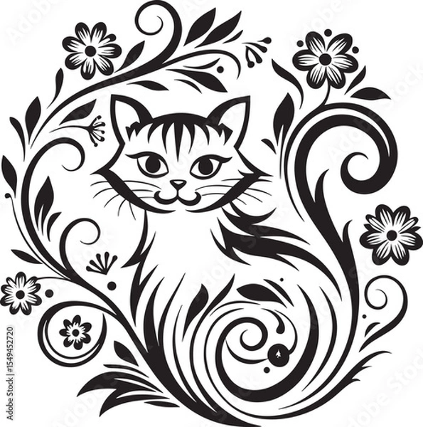 Obraz A cat is sitting in the flower garden, vector graphic design